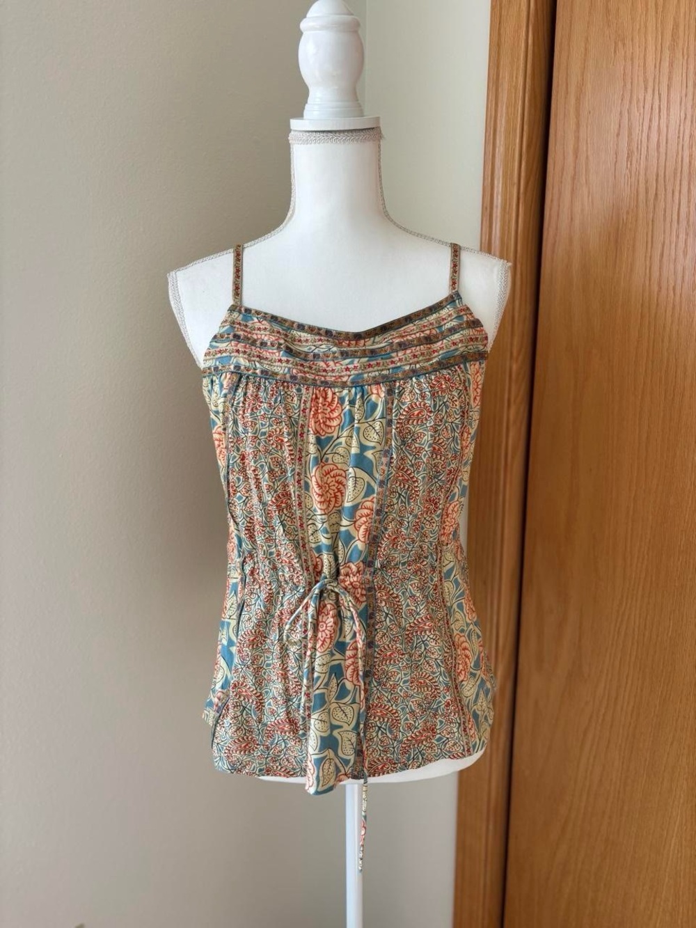 Y2K 100% cotton Floral Tie-Waist Spaghetti Strap Tank - Blue & Coral